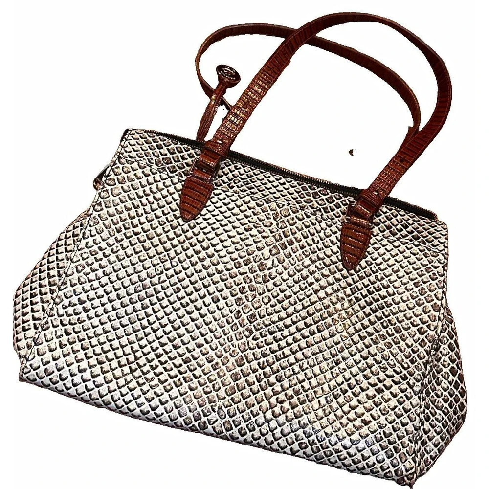 Brahmin Large Asher Tote Snake Embossed Leather Shoulder Bag Brown Ivory Purse